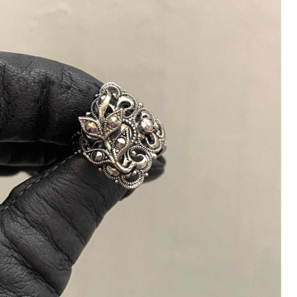 Antique German silver marcasite adjustable ring with iridescent gemstone